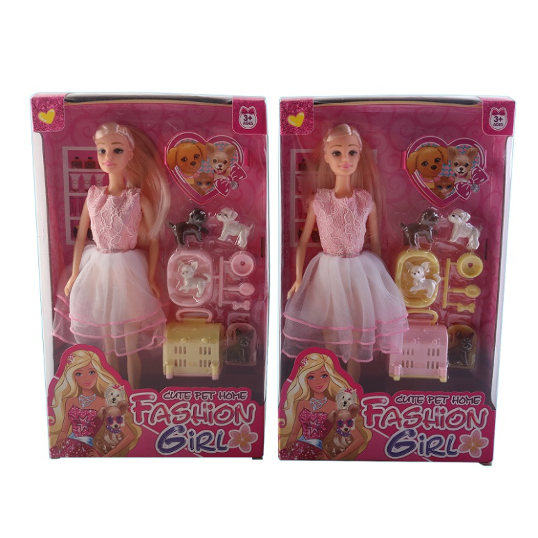 MUNECA CON VESTIDO Y MASCOTAS