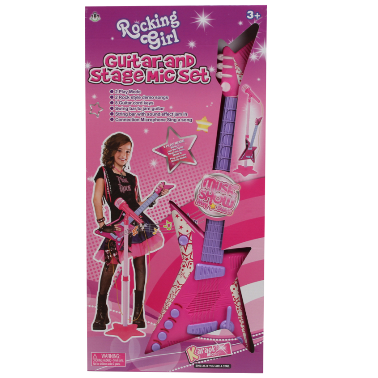 GUITARRA ROCK ROSADA CON MICROFONO Y PEDESTAL