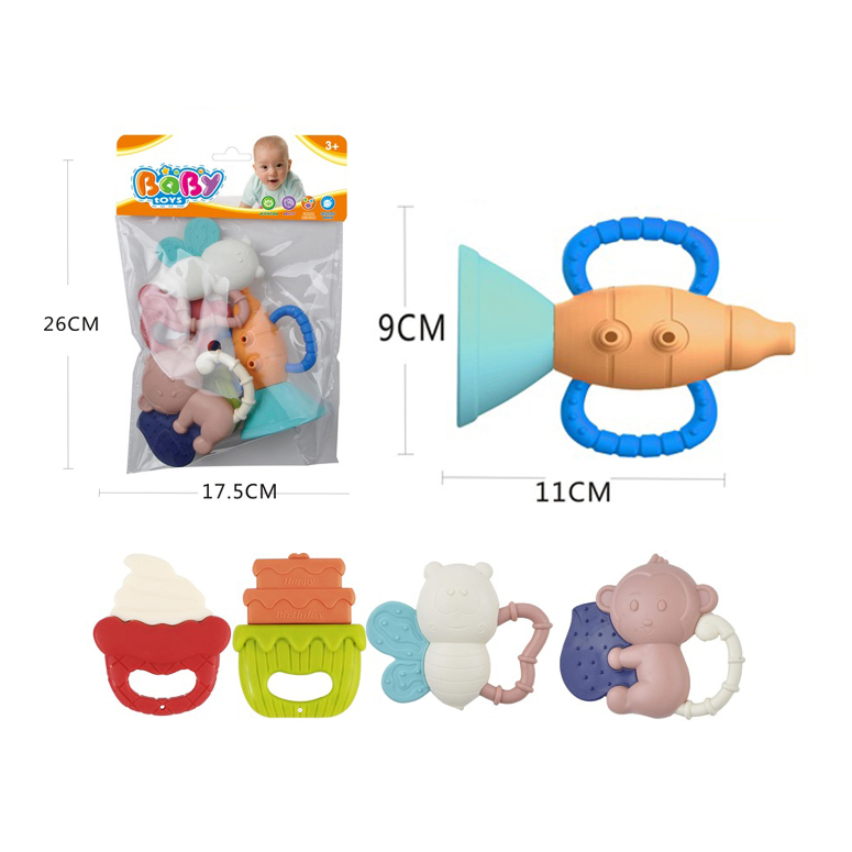 SET DE 5 SONAJEROS Y MORDEDORES EN BOLSA PVC