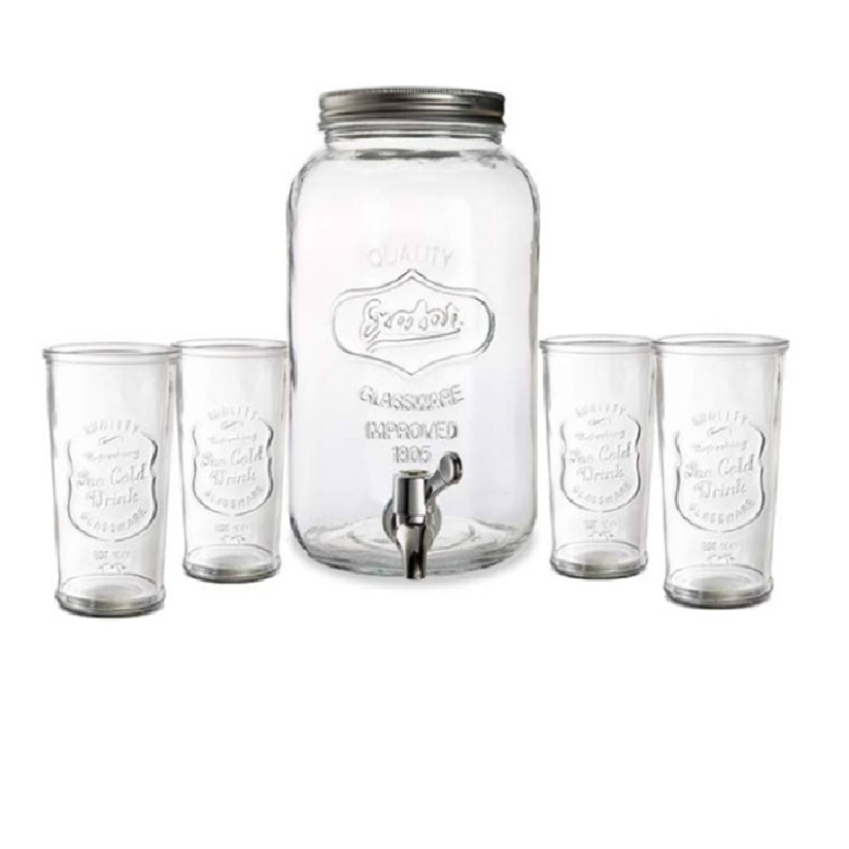 SET 5 PZS DISPENSADOR 33 LTS CON 4 VASOS COUNTRY